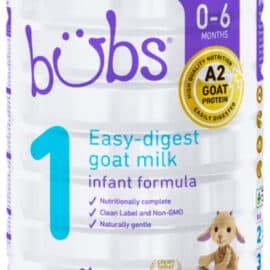 Can of Aussie Bubs Infant Goat Milk formula on a white background.