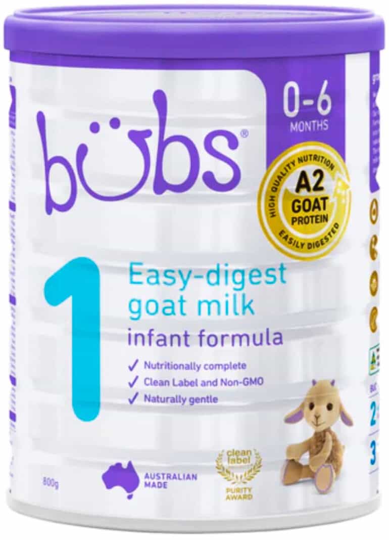 Can of Aussie Bubs Infant Goat Milk formula on a white background.