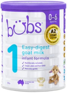 Can of Aussie Bubs Goat Milk Infant Formula on a white background.