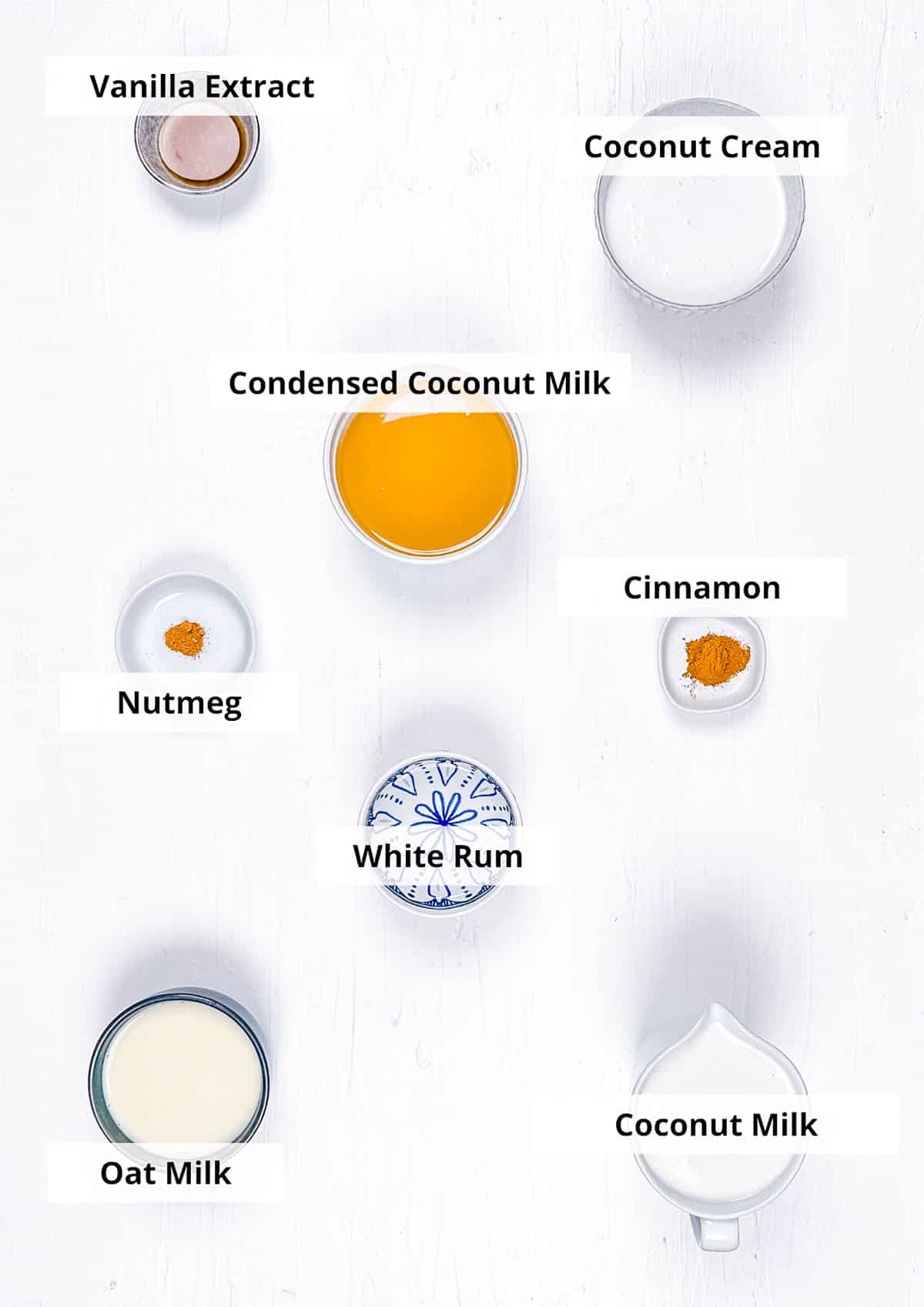 Ingredients for vegan coquito recipe on a white background.