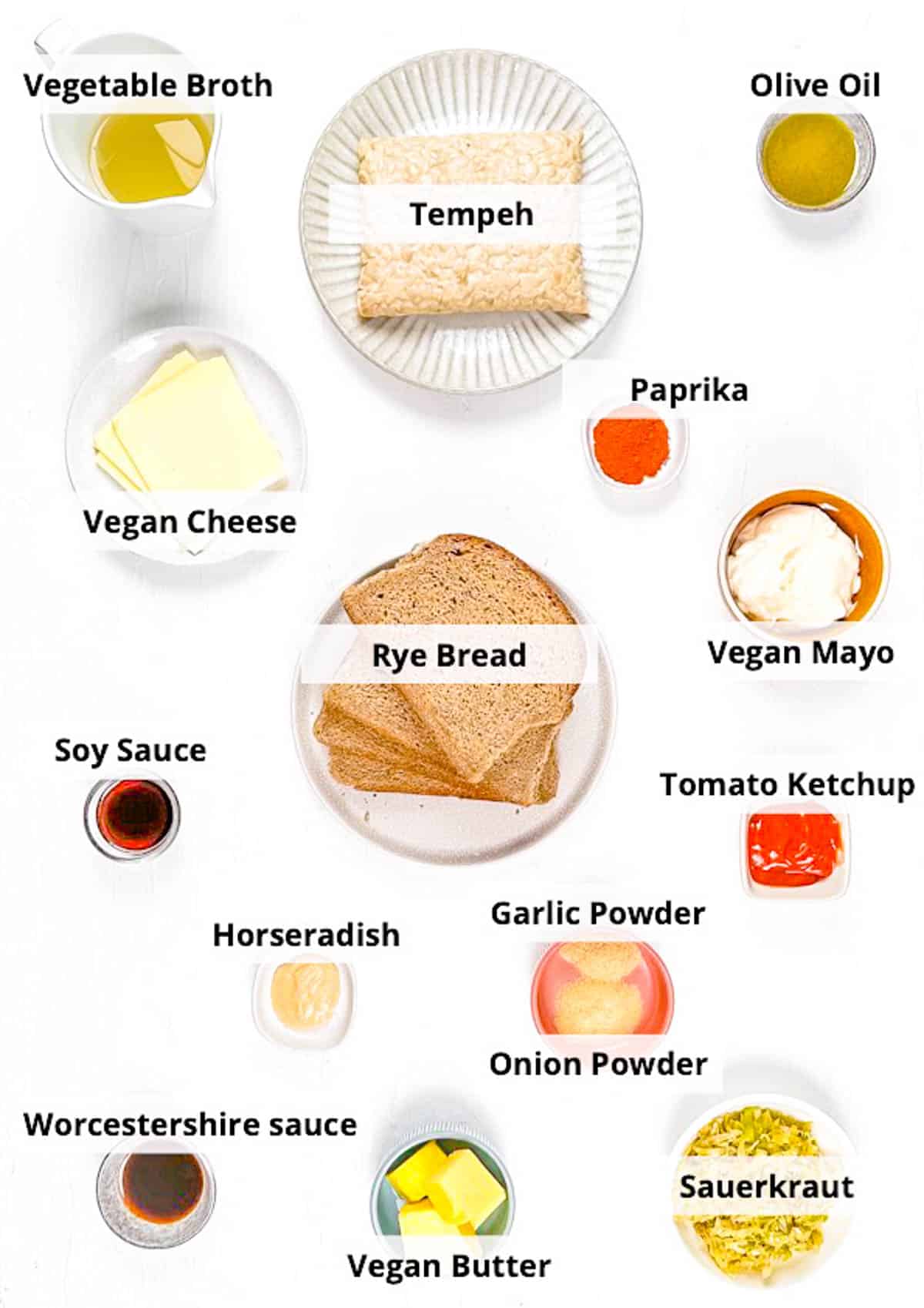 Ingredients for homemade vegan reuben sandwich recipe on a white background.