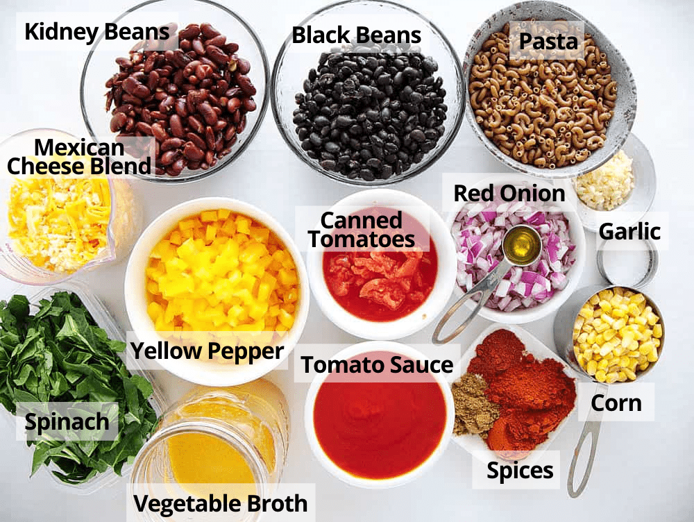 All of the ingredients for Instant Pot Chili mac on a white background.