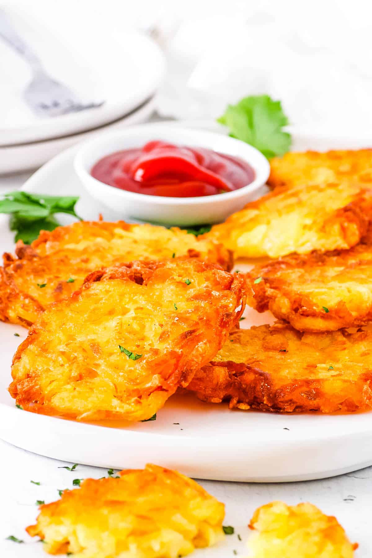 Copycat McDonald's hash browns recipe served on a white plate, with ketchup on the side.