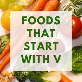 Graphic of foods that start with V on a background of veggies.