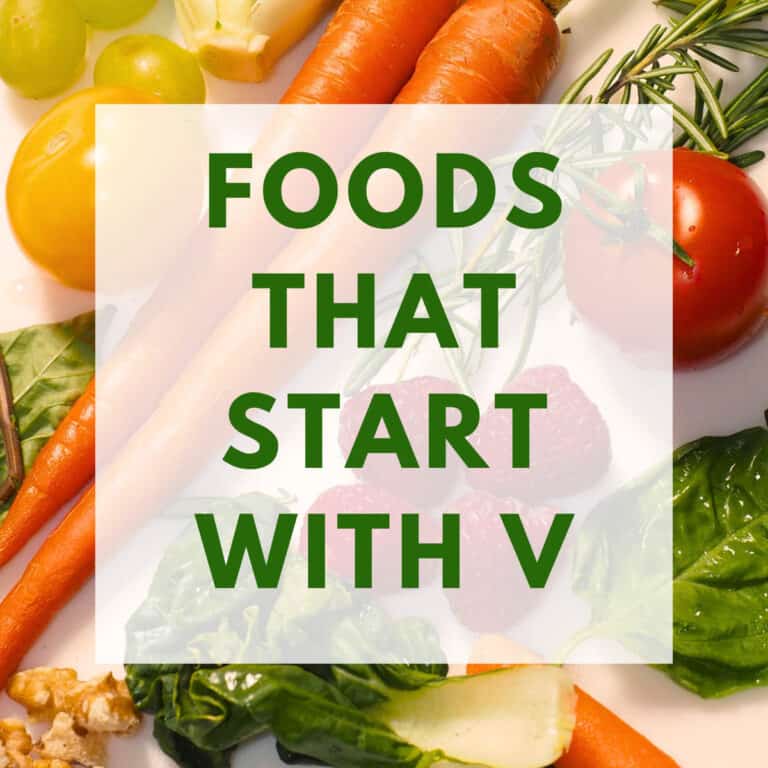 Graphic of foods that start with V on a background of veggies.
