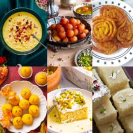 Collage of Indian dessert recipes on a plain background.