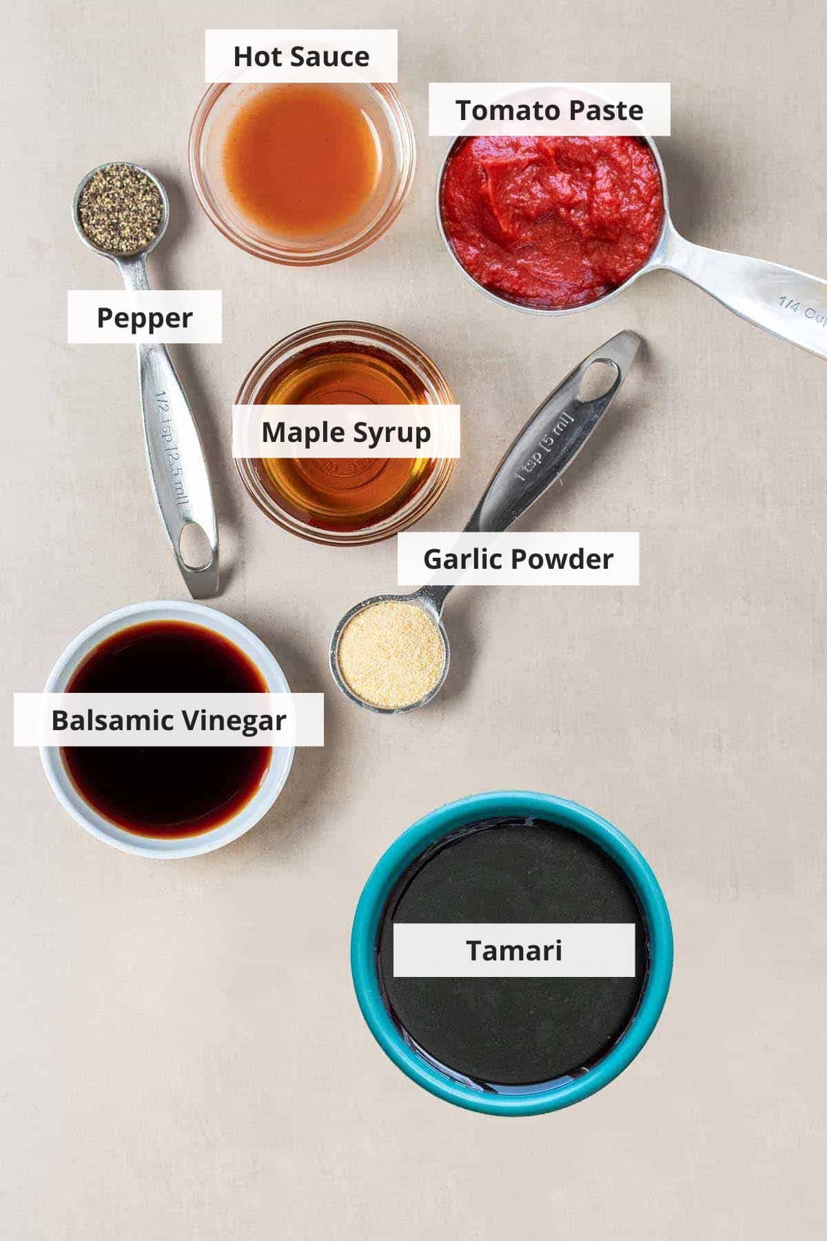 Ingredients for vegan steak sauce recipe on a netural background.