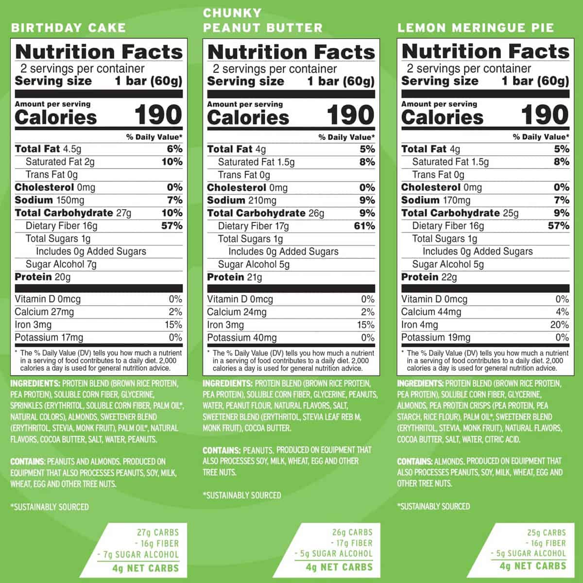 No cow protein bars nutritional information panel for 3 flavors.