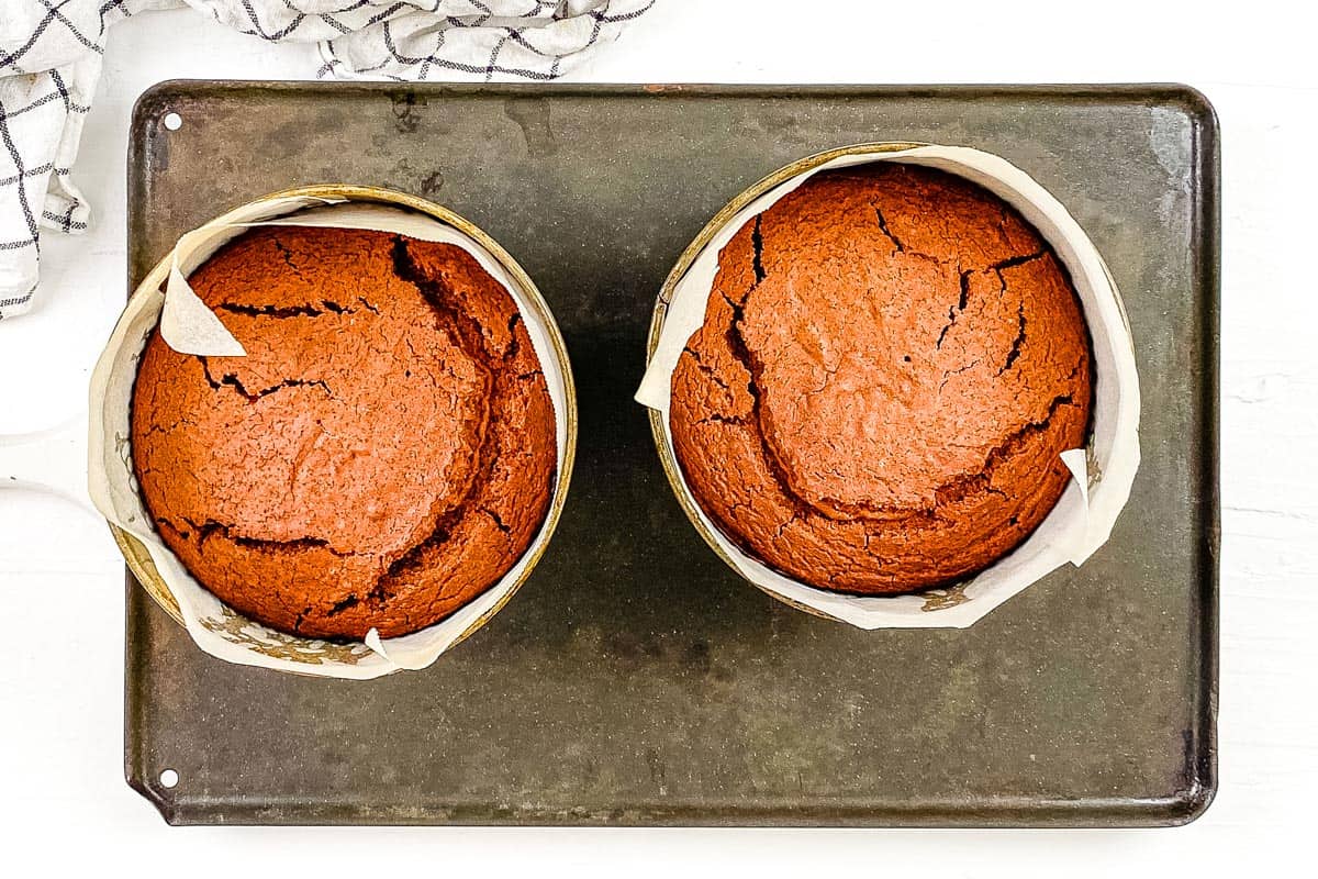 The two cake layers baked in the cake tins, on a dark baking tray. 