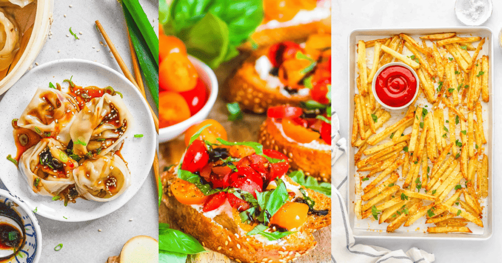 A collage of 3 different photos of appetizers: vegetarian wontons, parmesan truffle fries, and bruschetta.