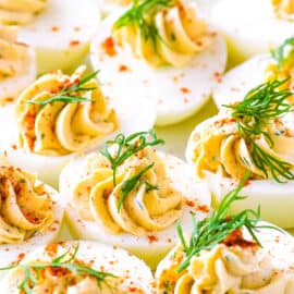 A large amount of deviled eggs without mayo on a serving platter, close up on the garnishes.
