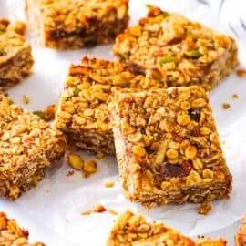 Healthy flapjack bars on sheet of parchment paper.