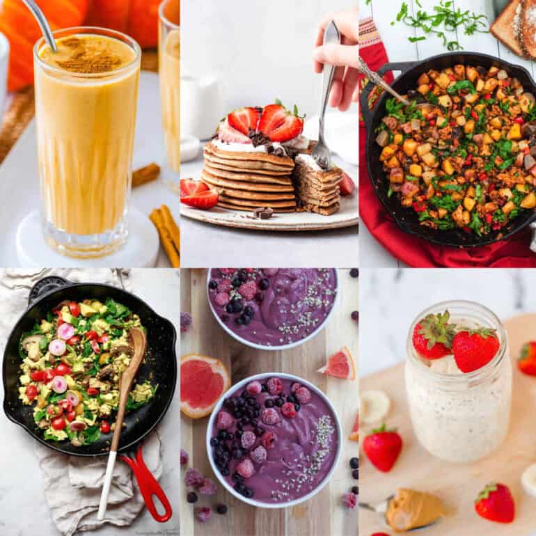 Collage of high protein vegan breakfast recipes on a white background.