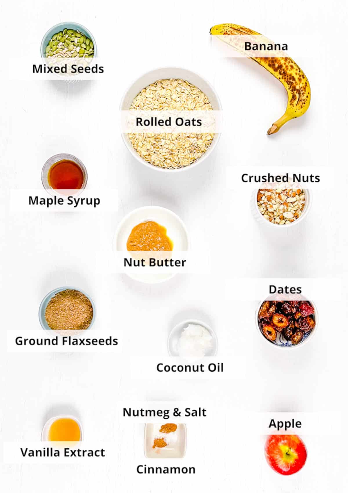 Ingredients for healthy flapjacks recipe on a white background.