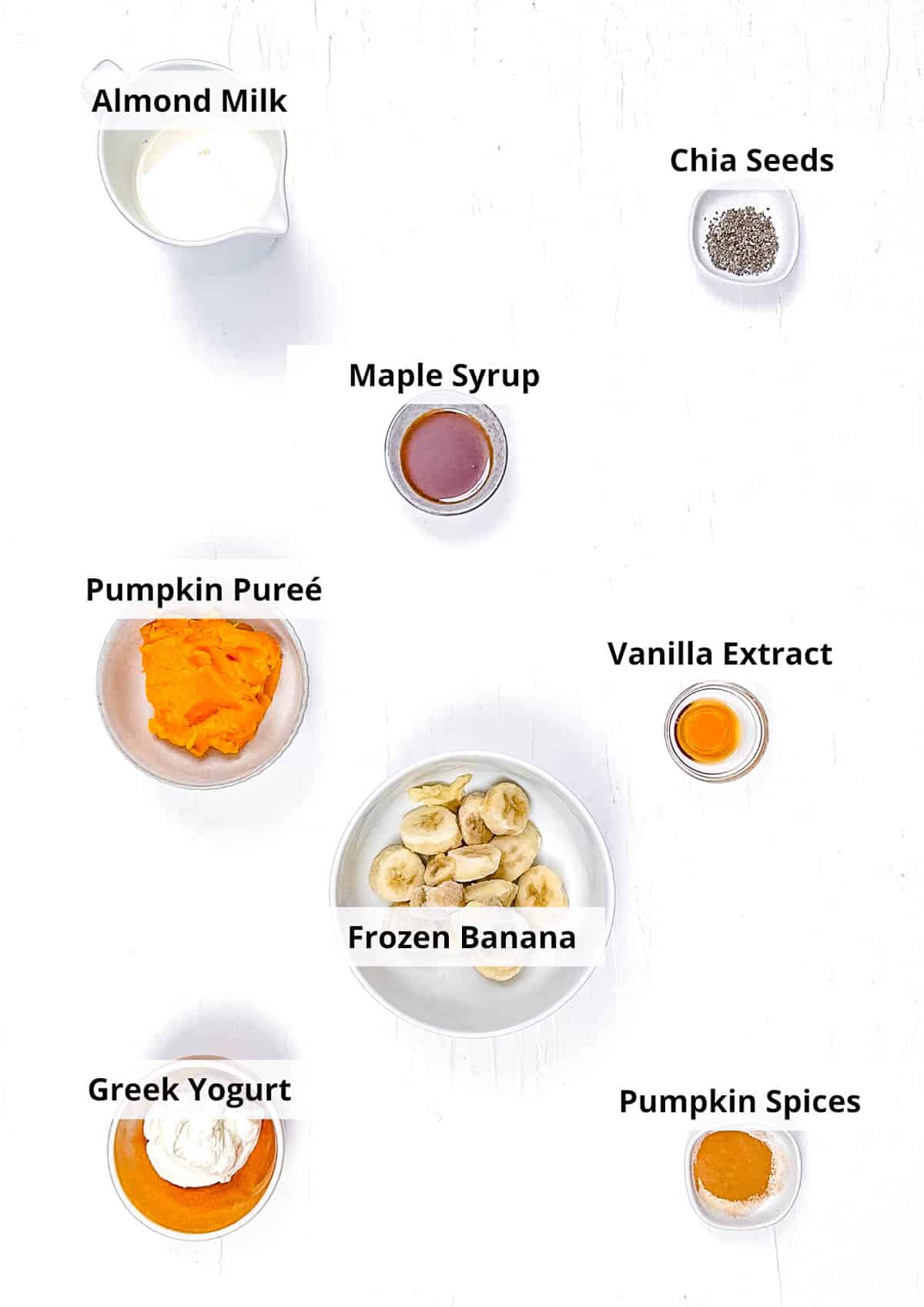 Ingredients for healthy pumpkin smoothie recipe on a white background.