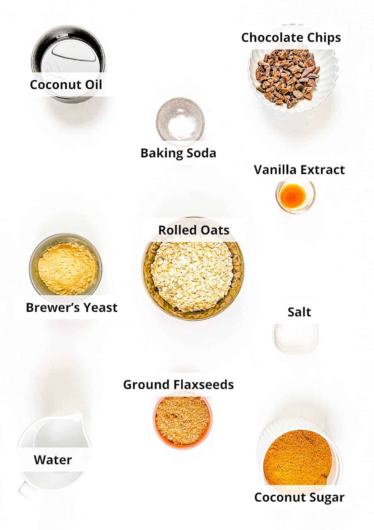 Ingredients for gluten free lactation cookies recipe on a white background.