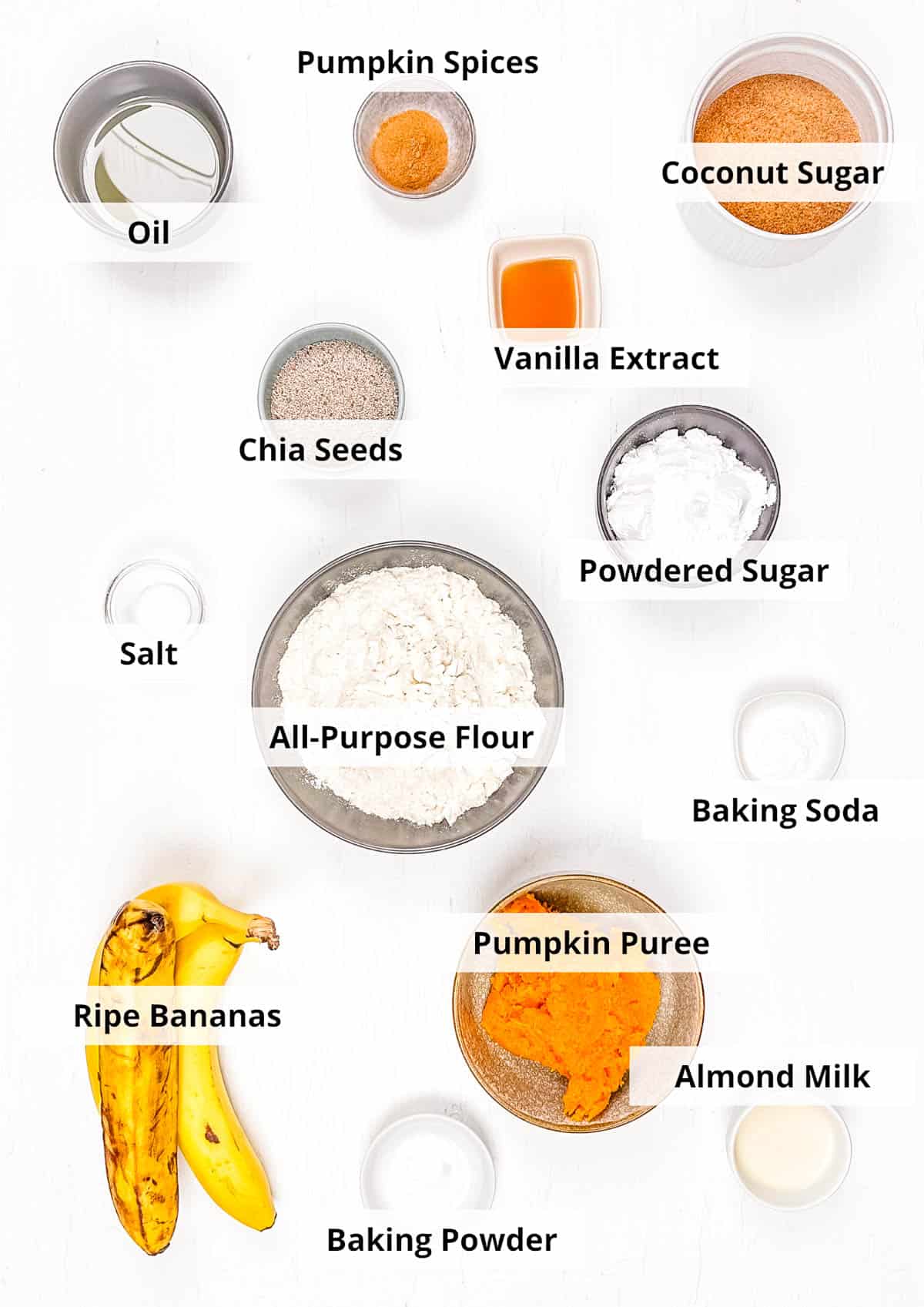 Ingredients for healthy vegan pumpkin banana bread recipe on a white background.