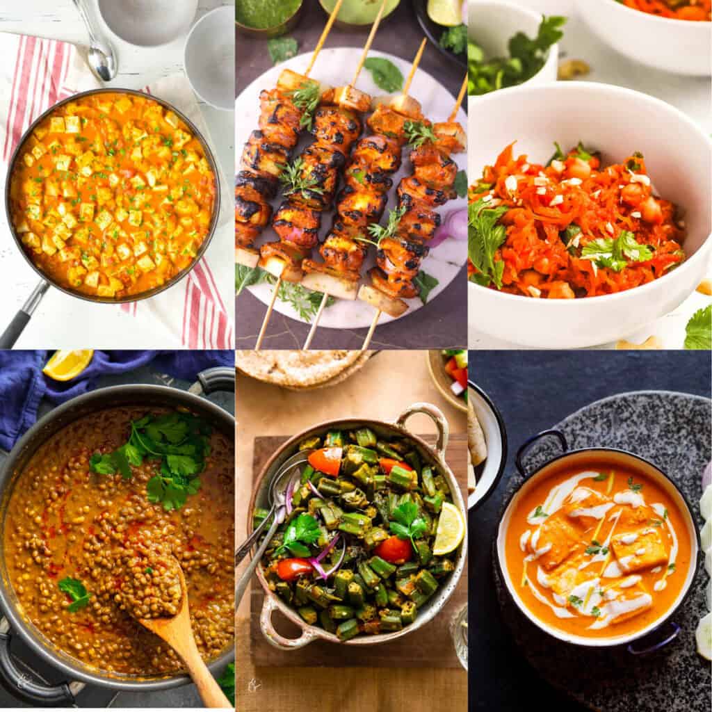 Collage of vegetarian low carb Indian food recipes on a white background.