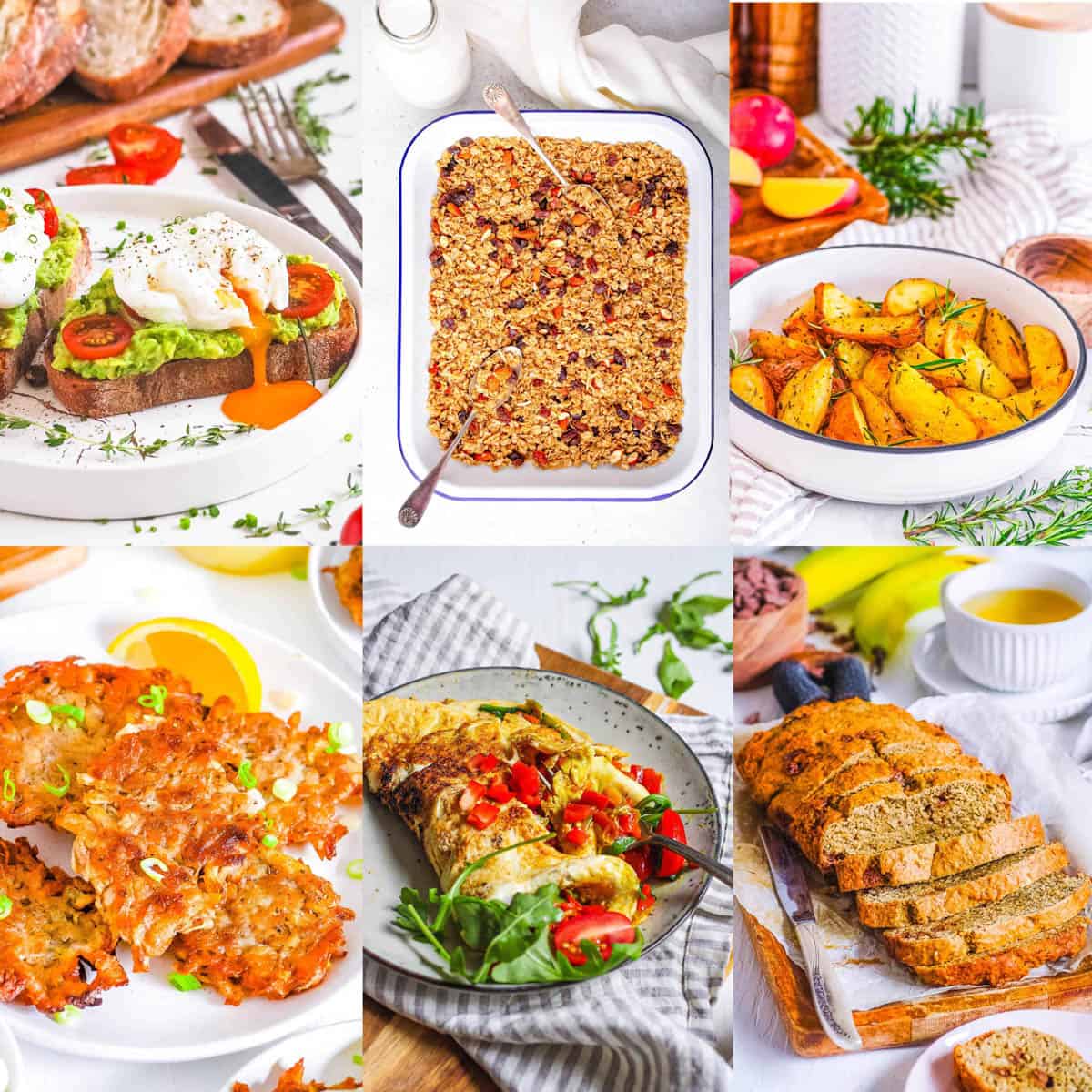 Collage of low FODMAP breakfast ideas on a white background.