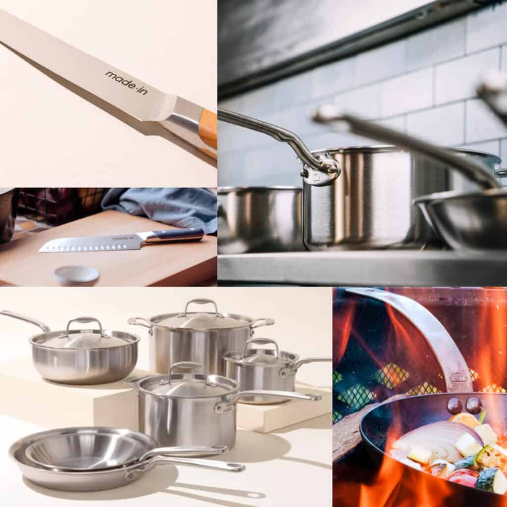 Collage of Made In Cookware on a white background