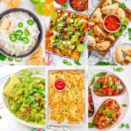 Collage of vegan party food ideas on a white background.