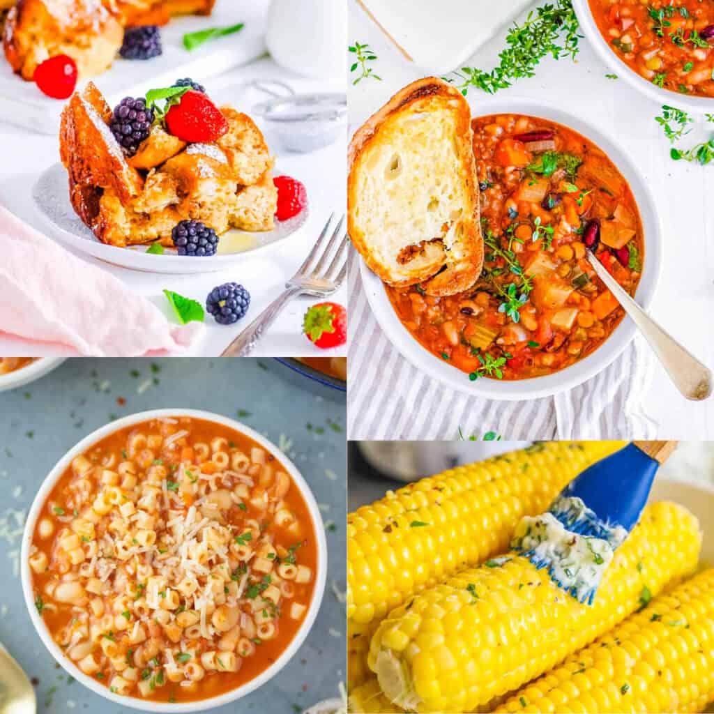 Collage of vegetarian crockpot recipes on a white background.