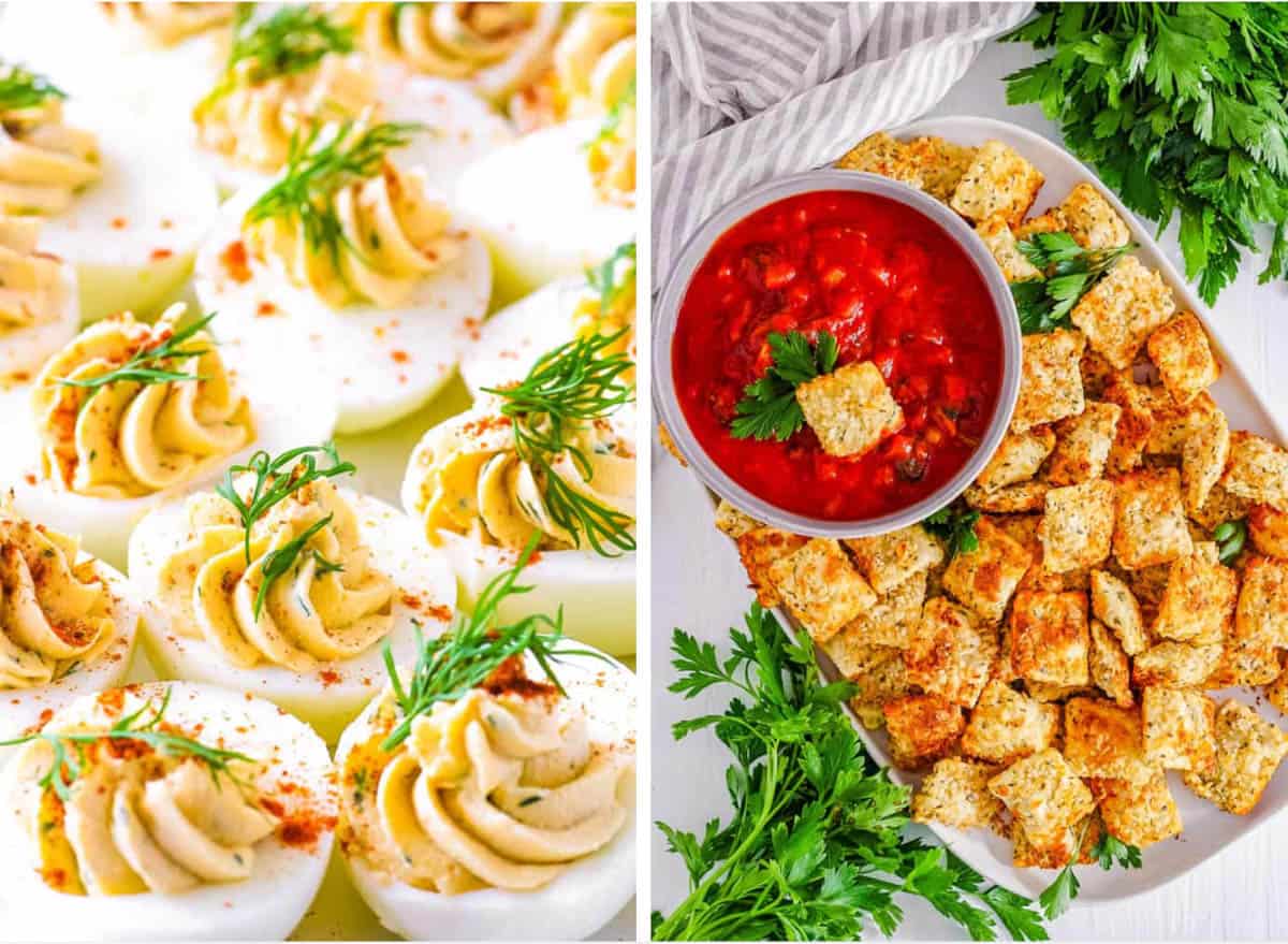 Deviled eggs and crispy tofu - vegetarian appetizers on a white background.