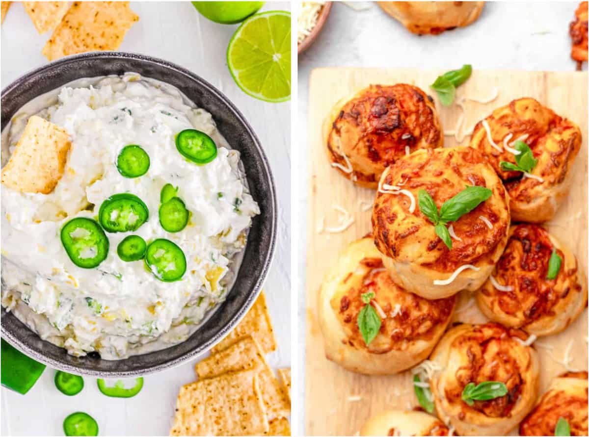 Collage of vegetarian appetizers - jalapeno dip and pizza rolls - on a white background.