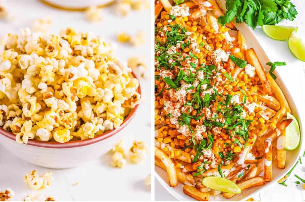 Collage of gluten free appetizers - corn fries and popcorn - on a white background.