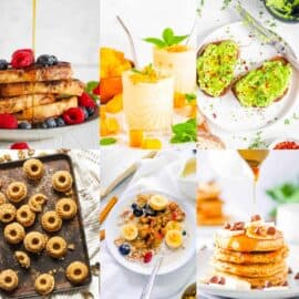 A collage of a handful of photos of breakfast recipes for picky eaters -- quinoa oatmeal bowls, pancakes, mini bundt cakes, and more.