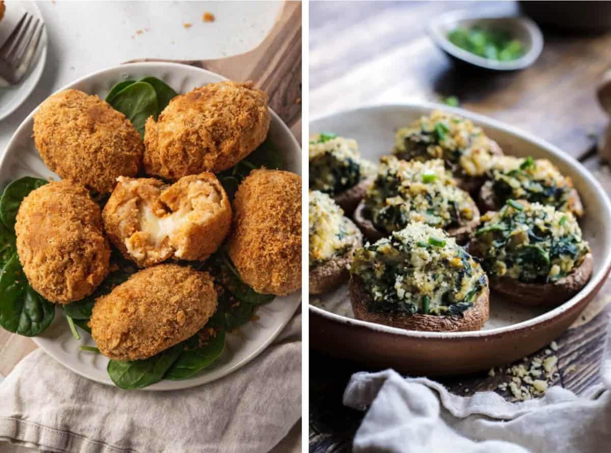 Collage of vegetarian appetizers on a white background.