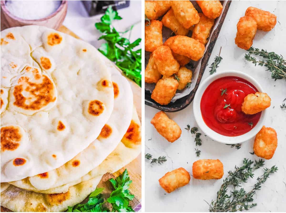 Collage of vegetarian appetizers - flatbread and tater tots - on a white background.