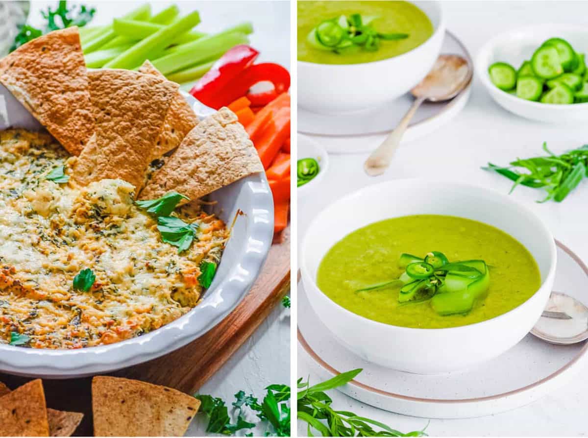 Collage of healthy appetizers - kale dip and gazpacho - on a white background.