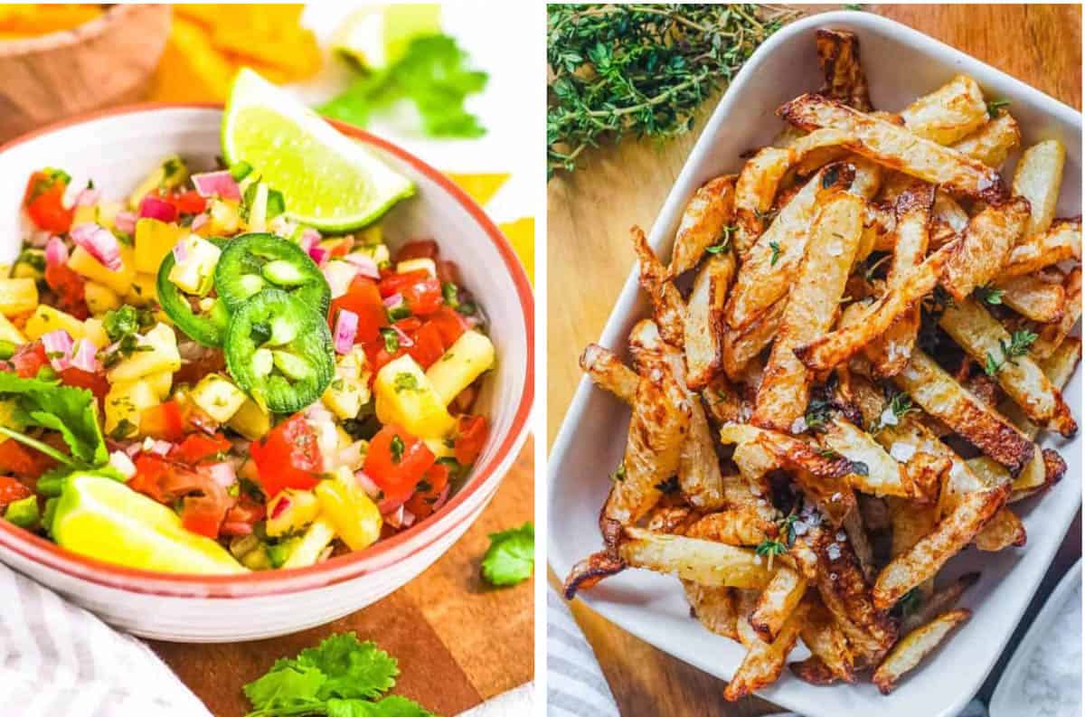 Collage of gluten free appetizers - pico de gallo and jicama fries - on a white background.