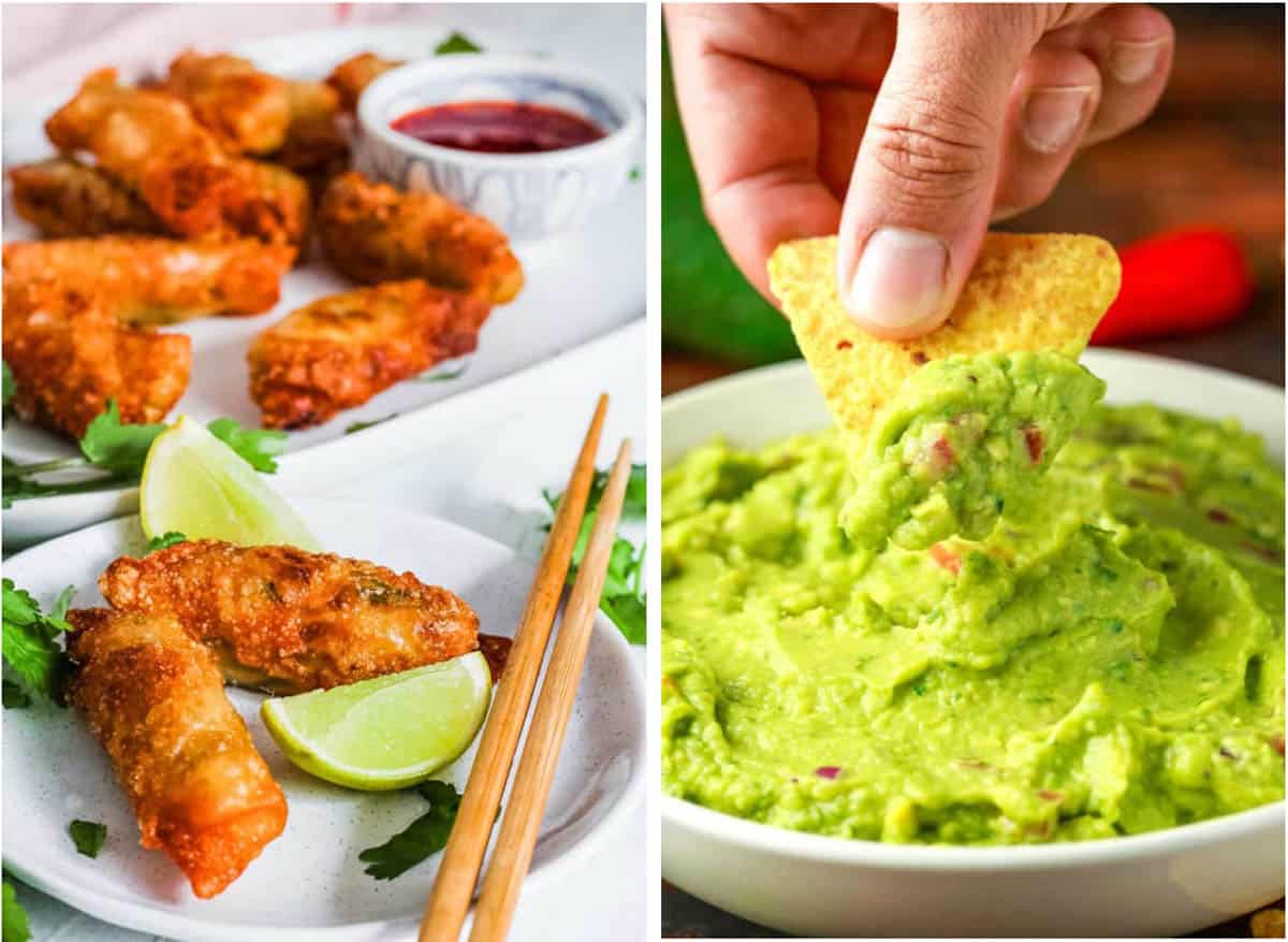 Collage of healthy vegan appetizers - guacamole and vegan egg rolls - on a white background.