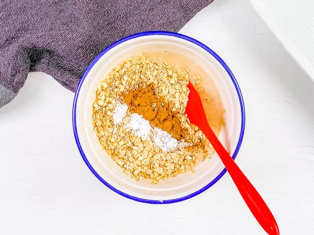 Oats, peanut butter and spices mixed in a bowl.