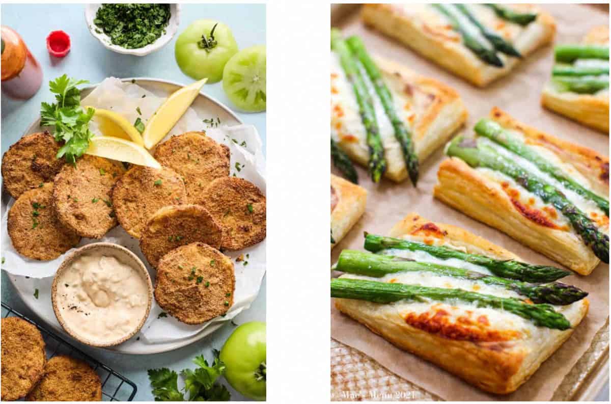 Collage of healthy plant based appetizers on a white background.