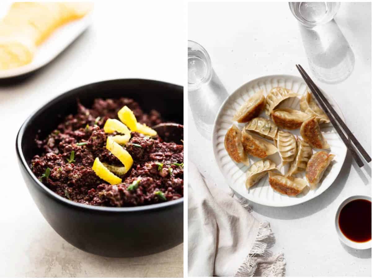 Collage of healthy vegetarian appetizers on a white background.