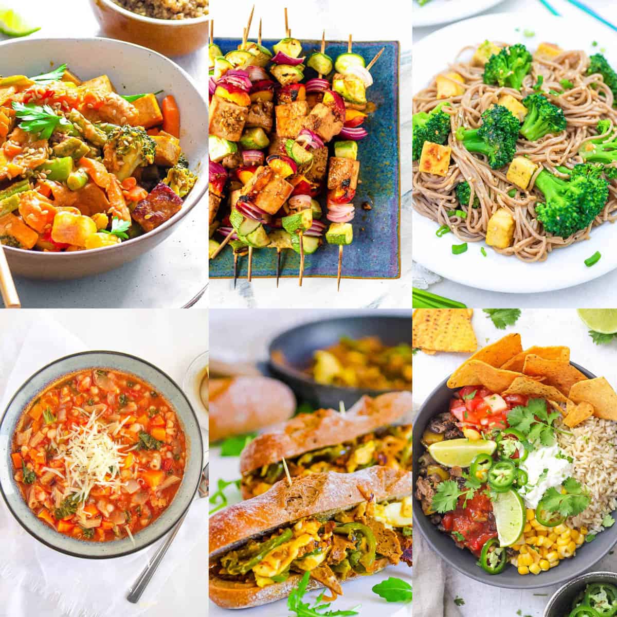 Collage of high protein vegan meal prep ideas on a white background.