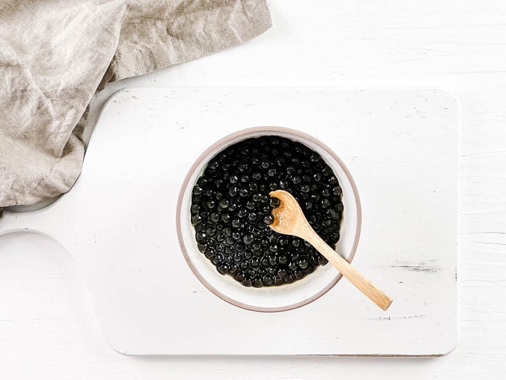 Tapioca pearls mixed in a mixing bowl.