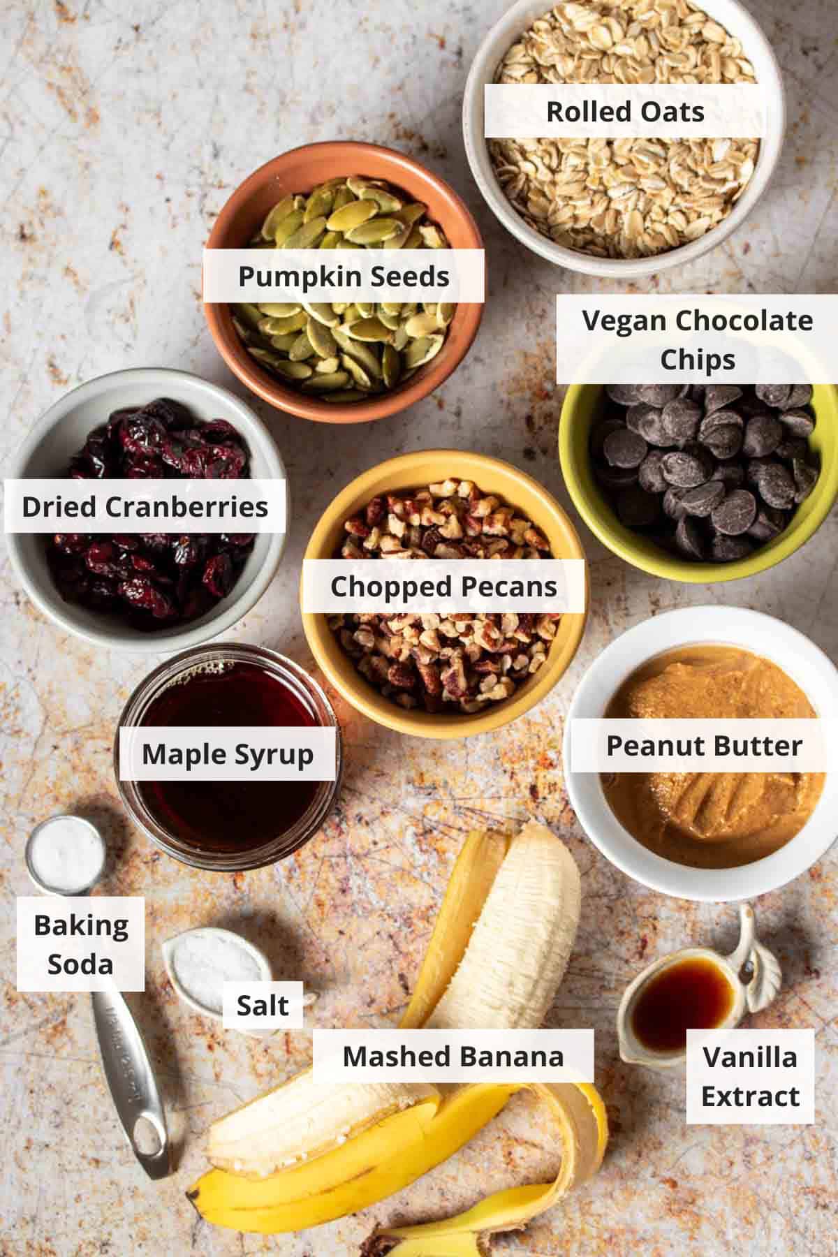 Ingredients for healthy breakfast bars on a countertop.