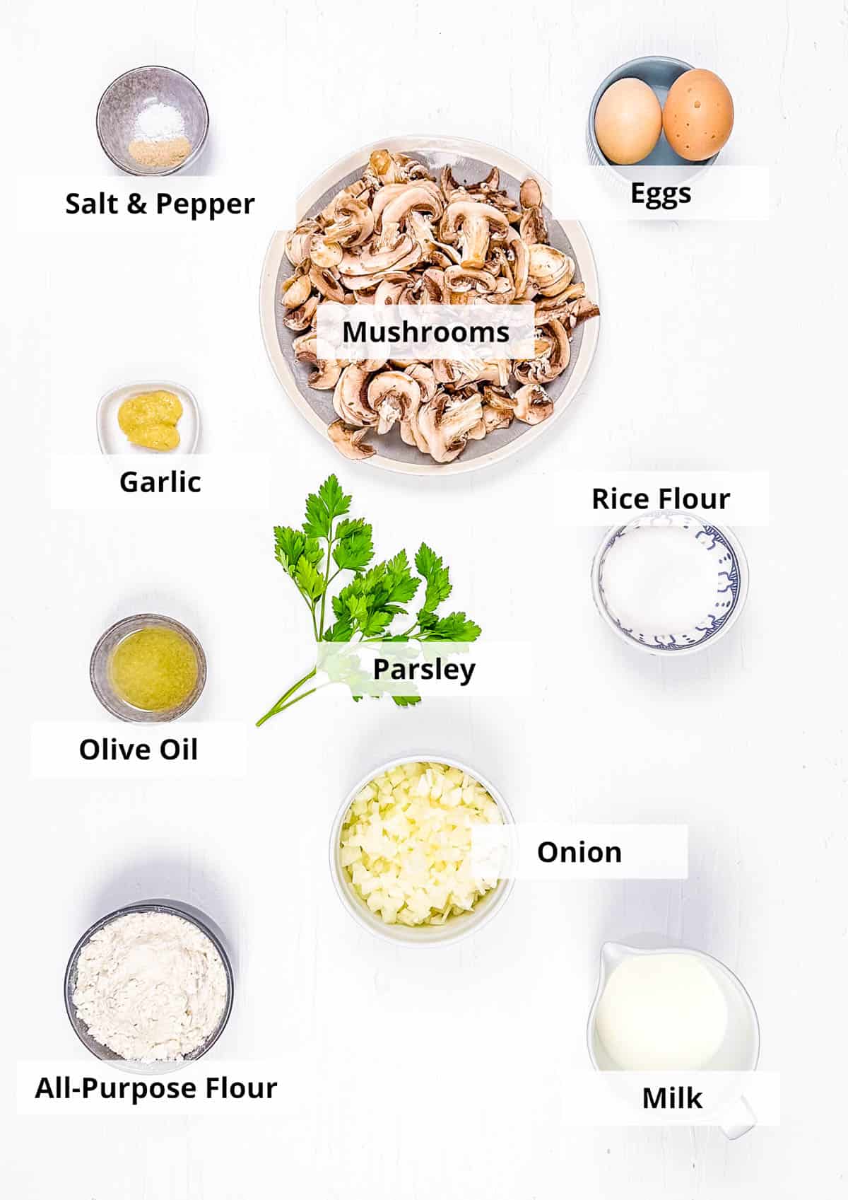 Ingredients for mushroom fritters (or easy mushroom pancakes) on a white background.
