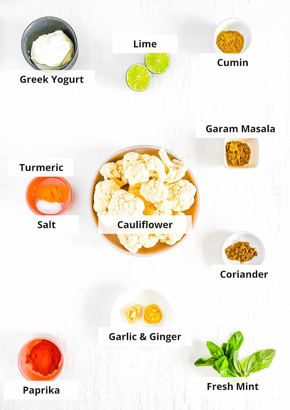 Ingredients for roasted tandoori cauliflower recipe on a white background.
