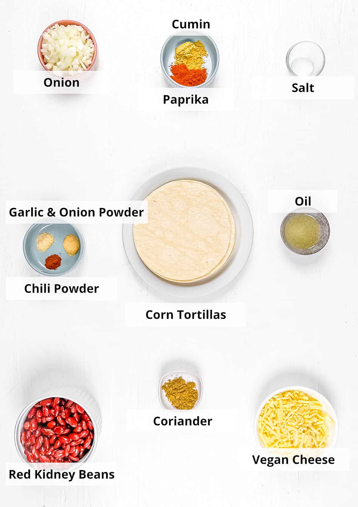 Ingredients for vegan taquitos recipe on a white background.