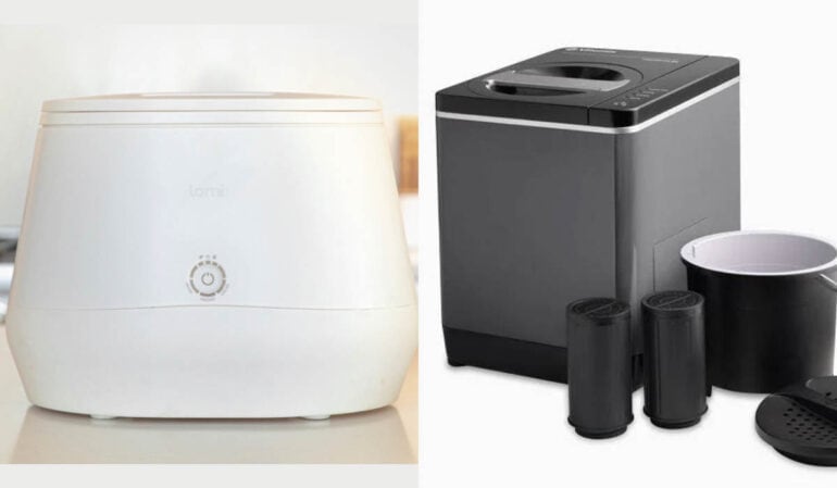 Lomi composter side by side with the Vitamix FoodCycler composter on a countertop.