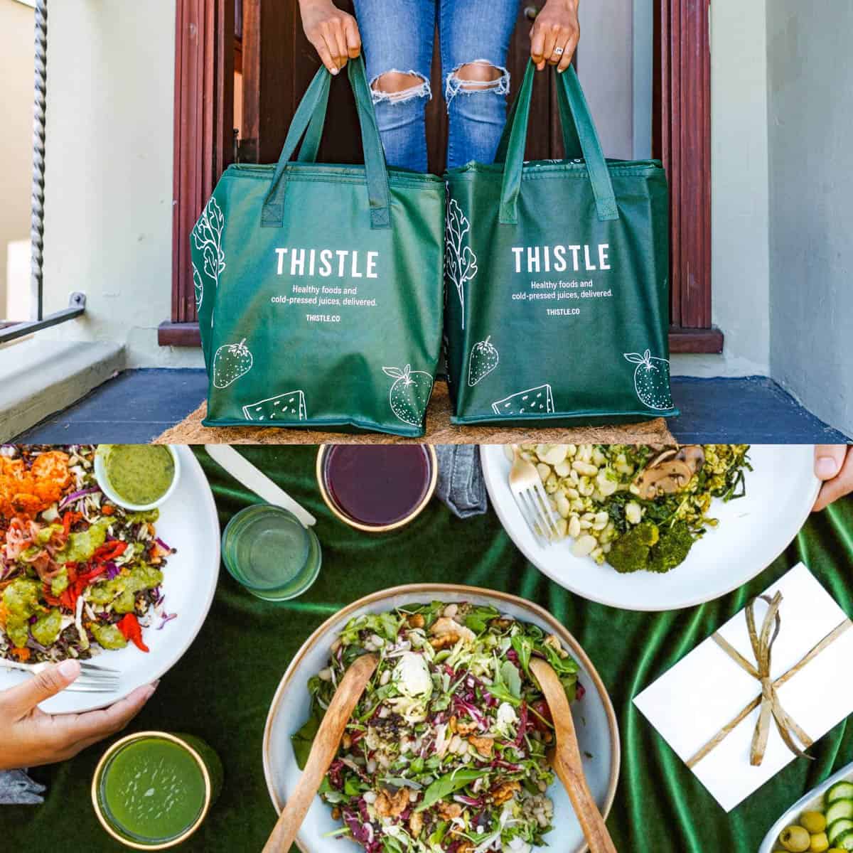 Collage of Thistle meal delivery bags and meals on a white background.