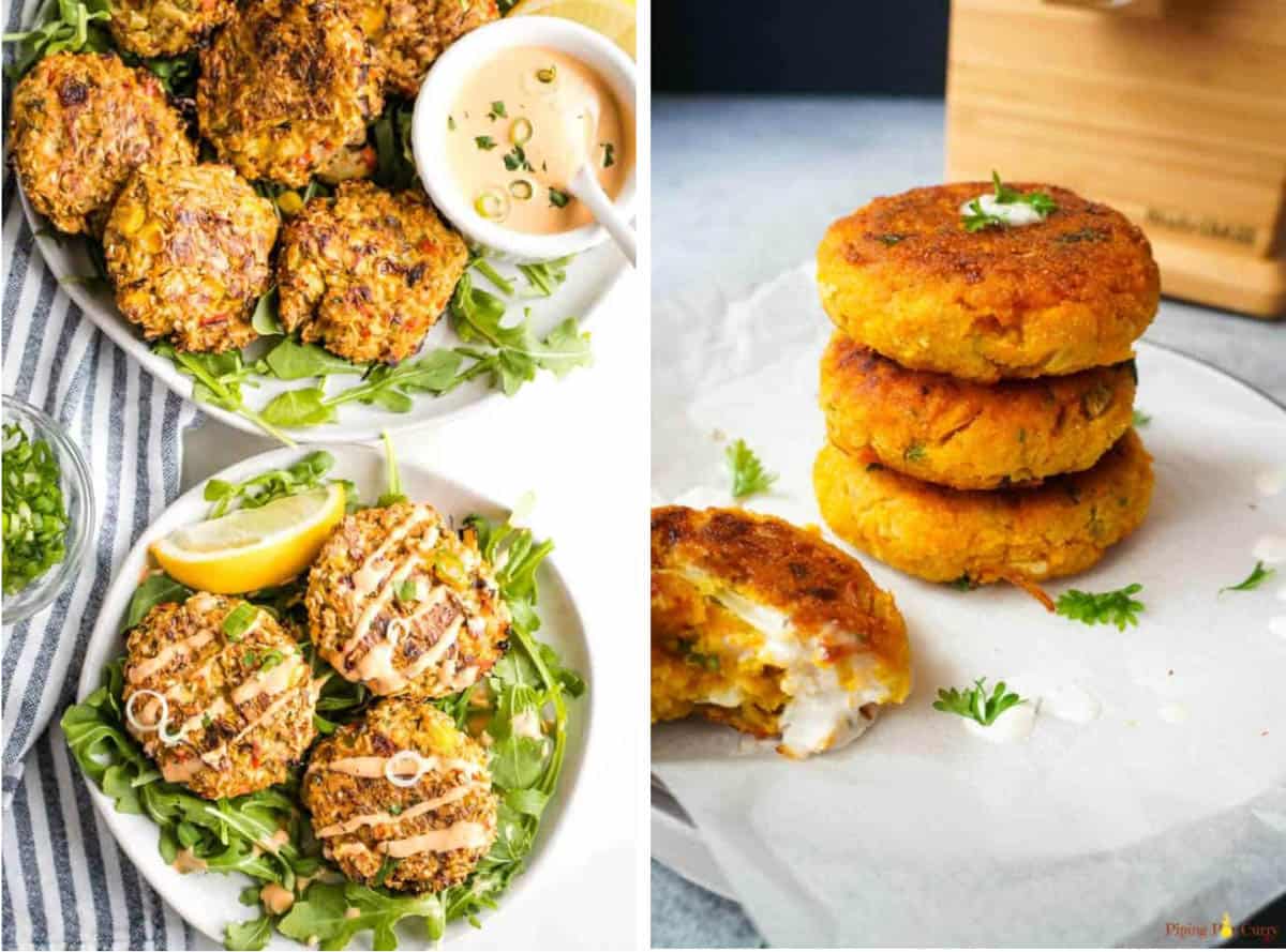 Collage of healthy vegan appetizers on a white background.