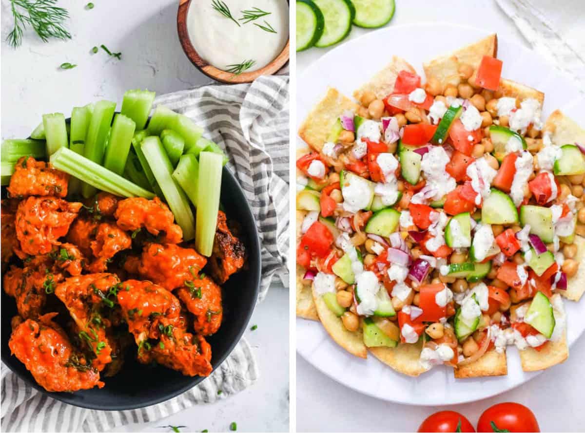 Collage of easy vegetarian appetizers on a white background.