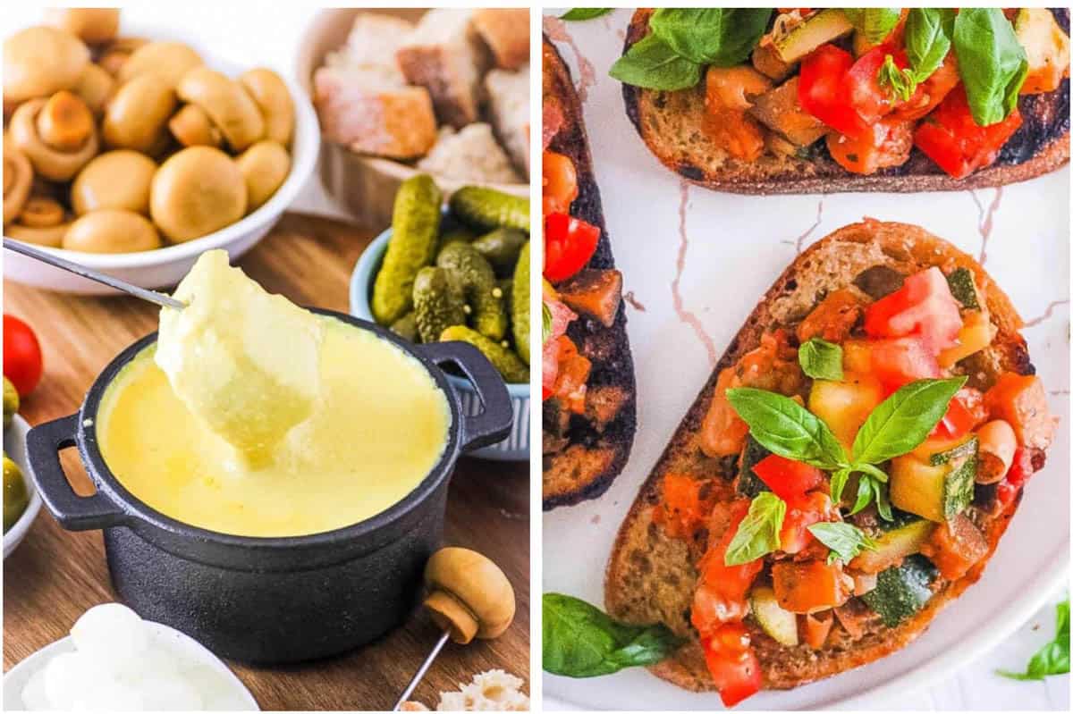 Collage of easy plant based appetizers on a white background.