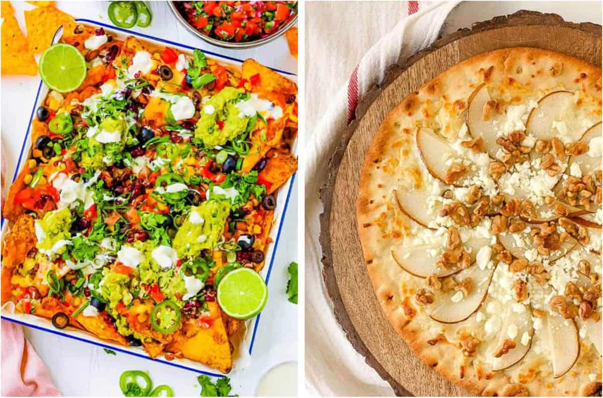 Collage of best vegetarian appetizers - nachos and pizza - on a white background.